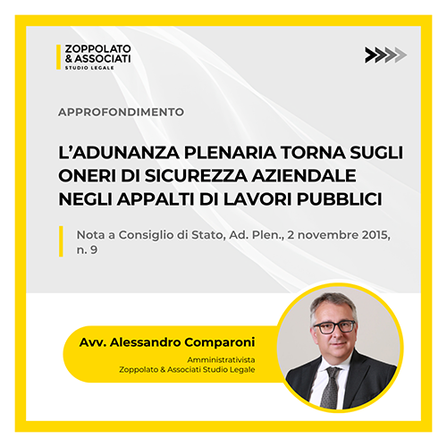 Copertina dell'articolo sugli oneri di sicurezza aziendale negli appalti pubblici, a cura dell'Avv. Alessandro Comparoni.