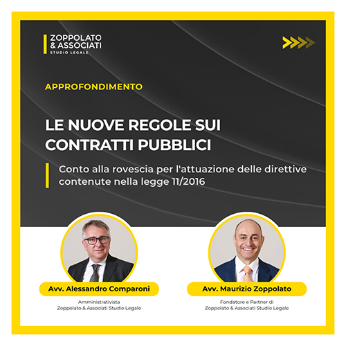 Grafica sulle nuove regole dei contratti pubblici con le foto degli avvocati Alessandro Comparoni e Maurizio Zoppolato.
