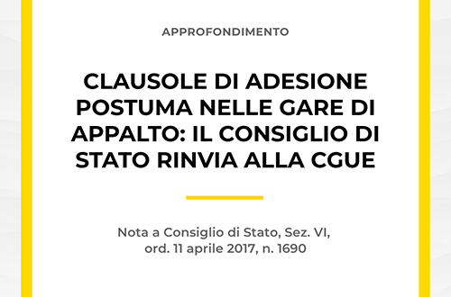 Copertina dell'articolo dello studio legale Zoppolato & Associati sulle clausole di adesione postuma nelle gare di appalto e il rinvio del Consiglio di Stato alla CGUE.
