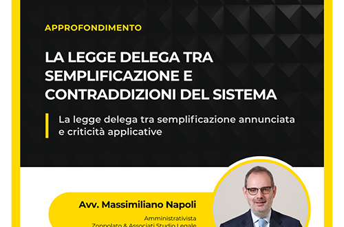 Grafica dell'approfondimento dell'Avv. Massimiliano Napoli sulla legge delega tra semplificazione e contraddizioni del sistema.