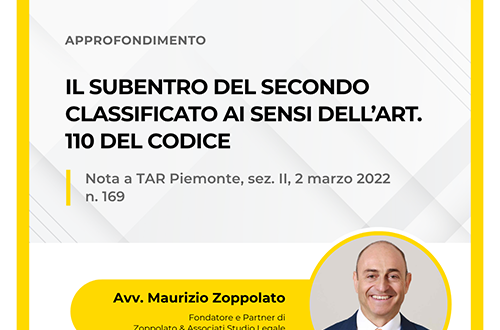Grafica dell'approfondimento dell'Avv. Maurizio Zoppolato sul subentro del secondo classificato ai sensi dell'art. 110 del Codice, nota a sentenza TAR Piemonte n. 169/2022.