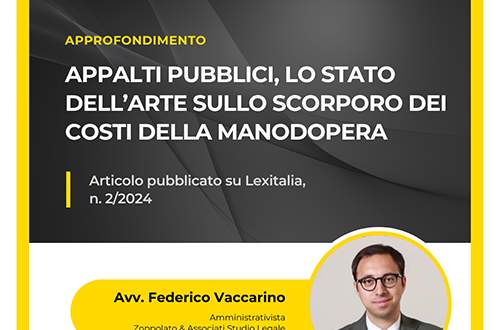 Grafica dell'approfondimento dell'Avv. Federico Vaccarino sugli appalti pubblici e lo stato dell'arte sullo scorporo dei costi della manodopera, articolo pubblicato su Lexitalia n. 2/2024.