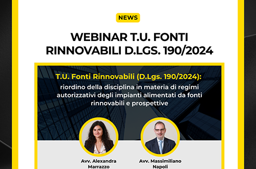 Locandina del webinar sul Testo Unico Fonti Rinnovabili (D.Lgs. 190/2024) con gli avvocati Alexandra Marrazzo e Massimiliano Napoli.