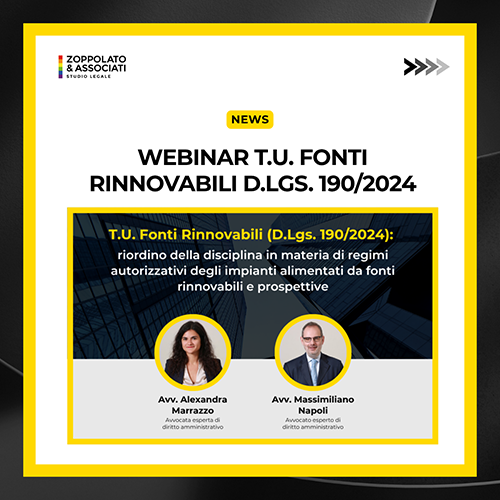 Locandina del webinar sul Testo Unico Fonti Rinnovabili (D.Lgs. 190/2024) con gli avvocati Alexandra Marrazzo e Massimiliano Napoli.
